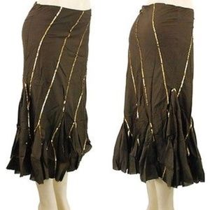 BROWN YAG PEASANT, BOHO, GYPSY SKIRT, GOLD SEQUINS